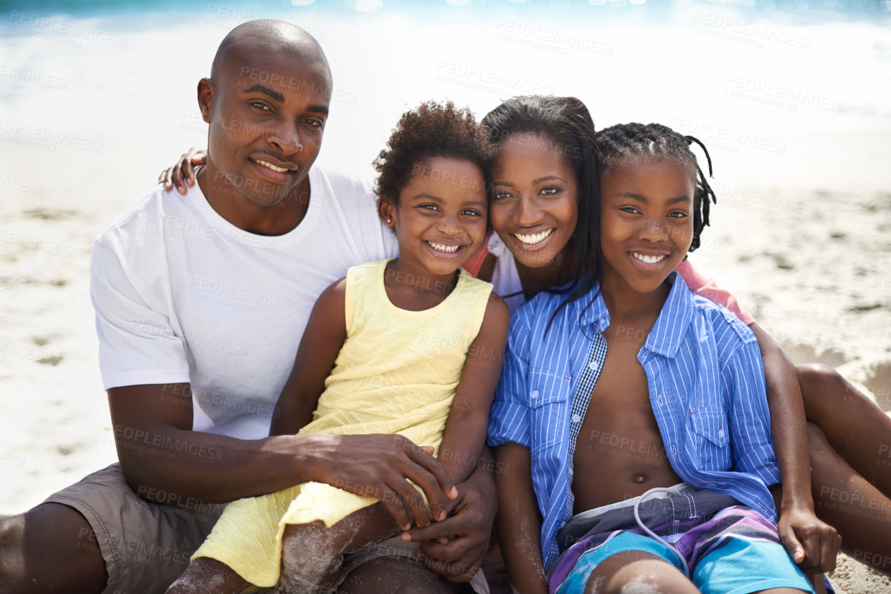 Buy stock photo Black family, parents or children and portrait at beach for adventure, holiday or vacation in summer. African people, face or smile outdoor in nature for break, experience or bonding and relationship