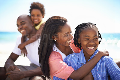 Buy stock photo Smile, love and black family at the beach together for tropical vacation, adventure or holiday. Happy, travel and young African parents with girl children by the ocean for bonding weekend trip.