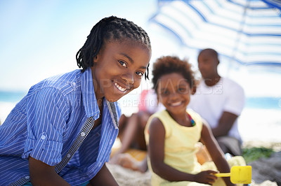 Buy stock photo Portrait, black person and child on beach with family for adventure, holiday or vacation in summer. African kid, face and smile outdoor in nature for break, experience or bonding with relationship