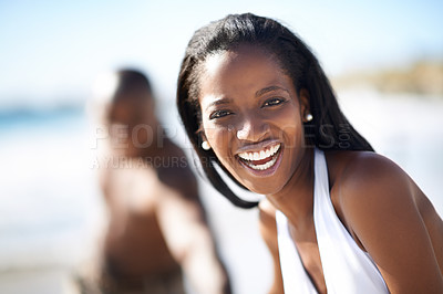 Buy stock photo Happy, portrait and black woman at beach for travel, freedom and fun with husband in nature. Love, face and African couple on adventure for bonding, holiday or romantic summer vacation in Los Angeles