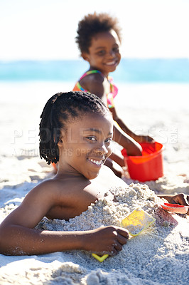 Buy stock photo Black children, playing and sand on beach with happiness for adventure, holiday or vacation in summer. African kids, face or smile outdoor in nature for break, experience or bonding with siblings