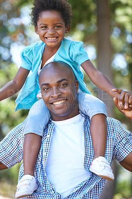 Buy stock photo Child, happy father in portrait and piggyback outdoor, care or bonding together. Face, African dad carrying kid and smile in nature, family play in forest or park, love of parent and summer vacation