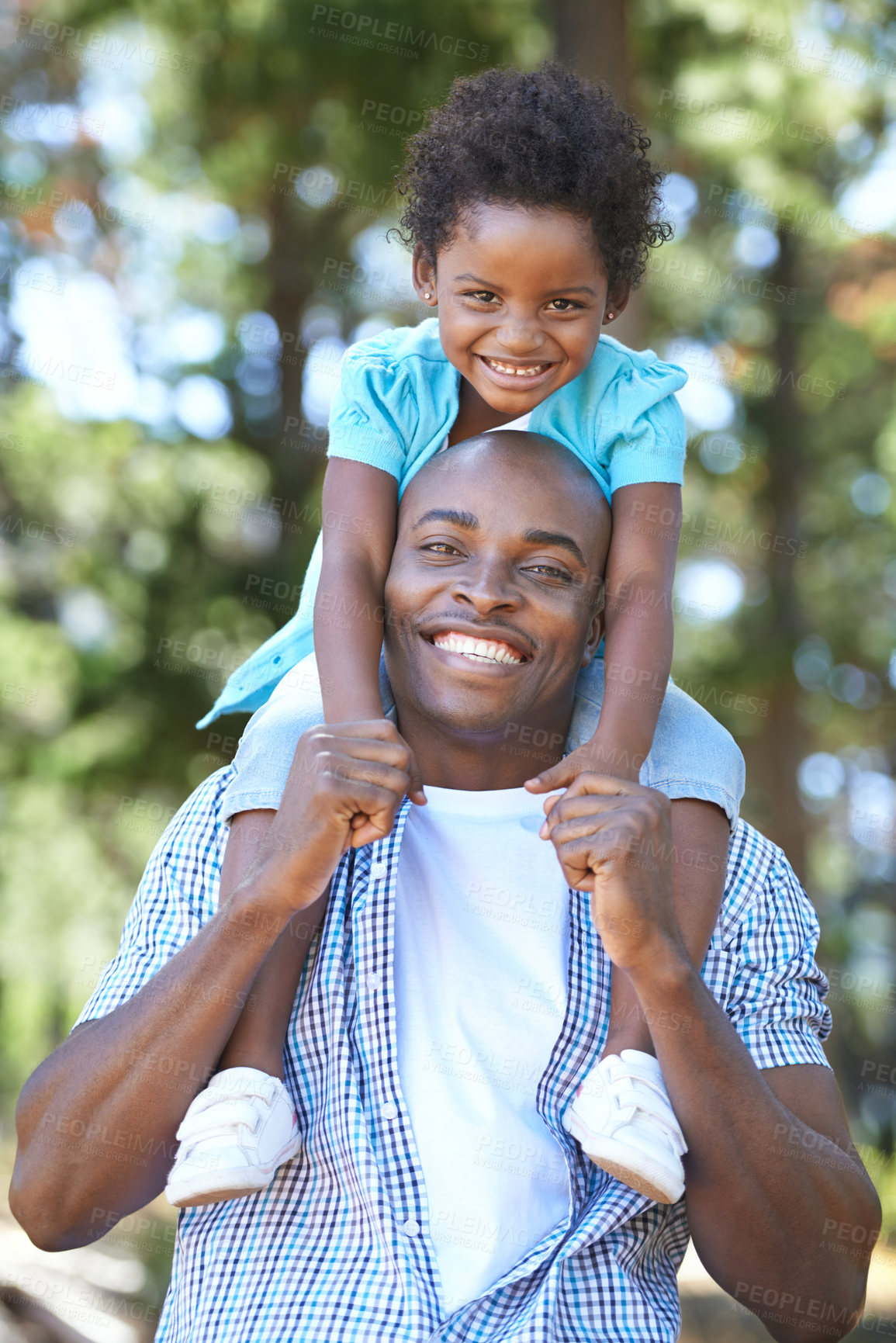 Buy stock photo Child, happy father in portrait and piggyback outdoor, care or bonding together. Face, African dad carrying kid and smile in nature, family play in forest or park, love of parent and summer vacation