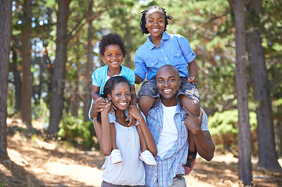 Buy stock photo Travel, portrait or black family hiking in forest to relax or bond on holiday vacation together in nature. Children siblings, mother or happy African father in woods trekking on outdoor adventure 