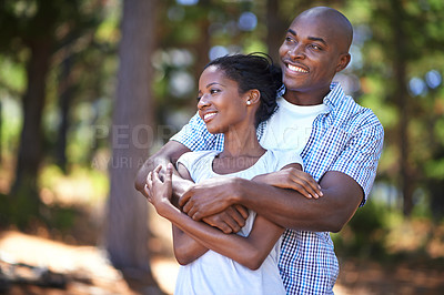 Buy stock photo Hug, thinking or black couple hiking in forest to relax or bond on holiday vacation together in nature. Happy, wellness or African woman with smile or man in woods trekking on outdoor adventure 
