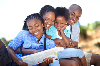 Buy stock photo Happy, map or black family hiking in nature to relax or bond in park or holiday vacation together in forest. Children, mom or African father in woods on fun adventure reading location directions