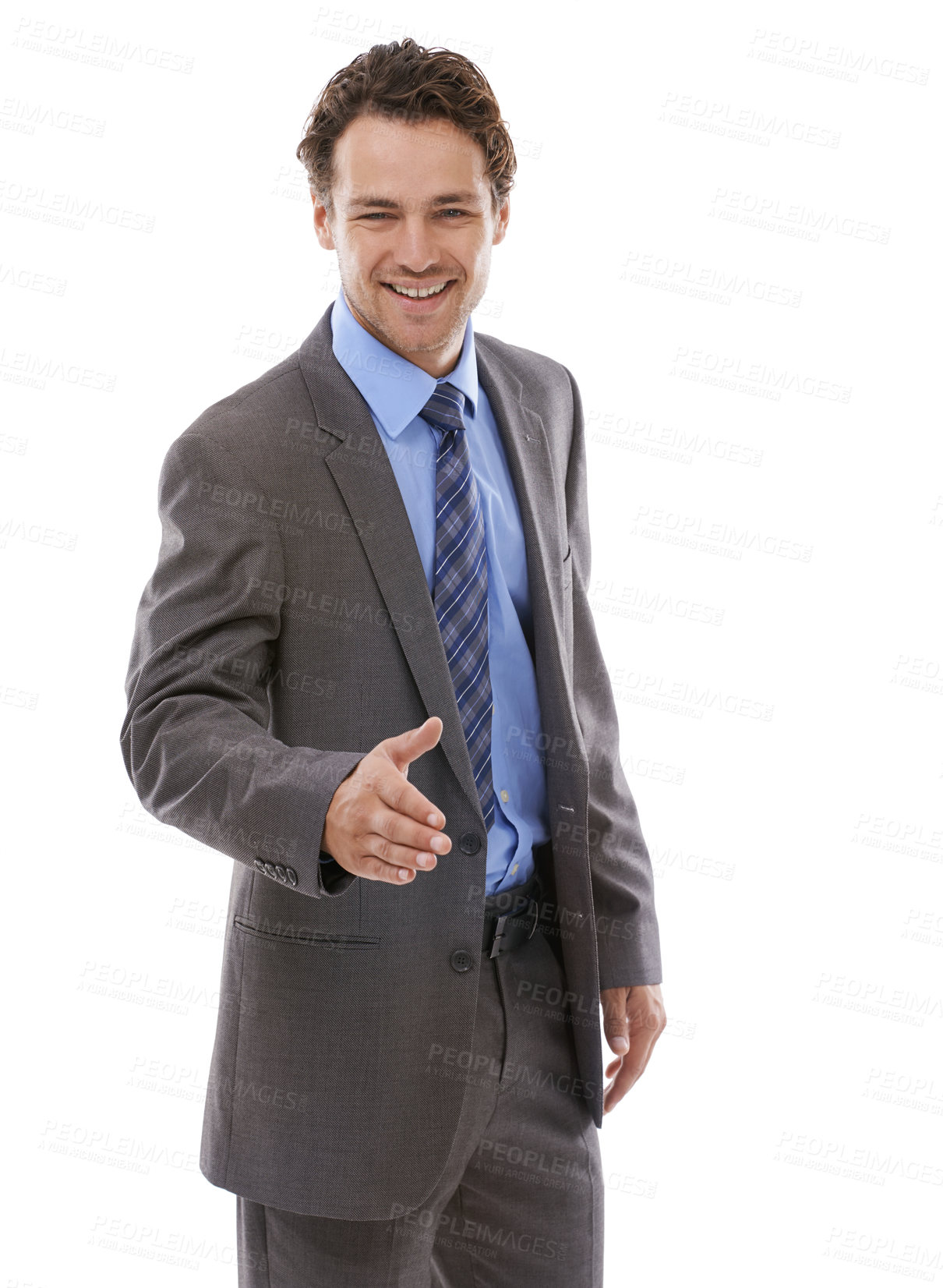 Buy stock photo Portrait, happy and business man with handshake offer in studio with welcome greeting on white background. Face, thank you and male entrepreneur smile with shaking hands emoji for support or b2b deal