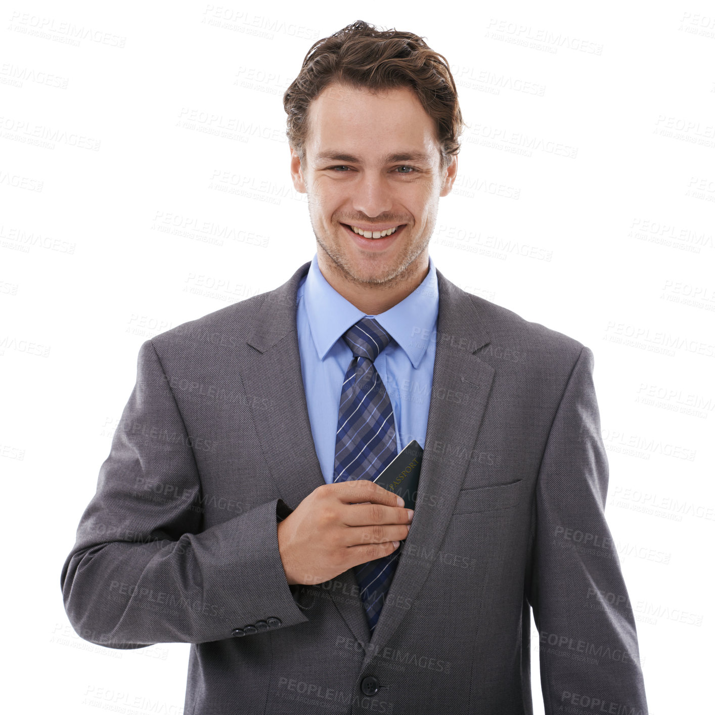 Buy stock photo Business, travel and portrait of happy man with passport in studio for immigration or opportunity on white background. ID, ticket or face of guy entrepreneur with boarding pass for airport compliance