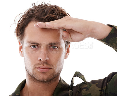 Buy stock photo Military, army and salute with portrait of man in studio for war, conflict and patriotism. Warrior, surveillance and security with person on white background for soldier, battlefield and veteran