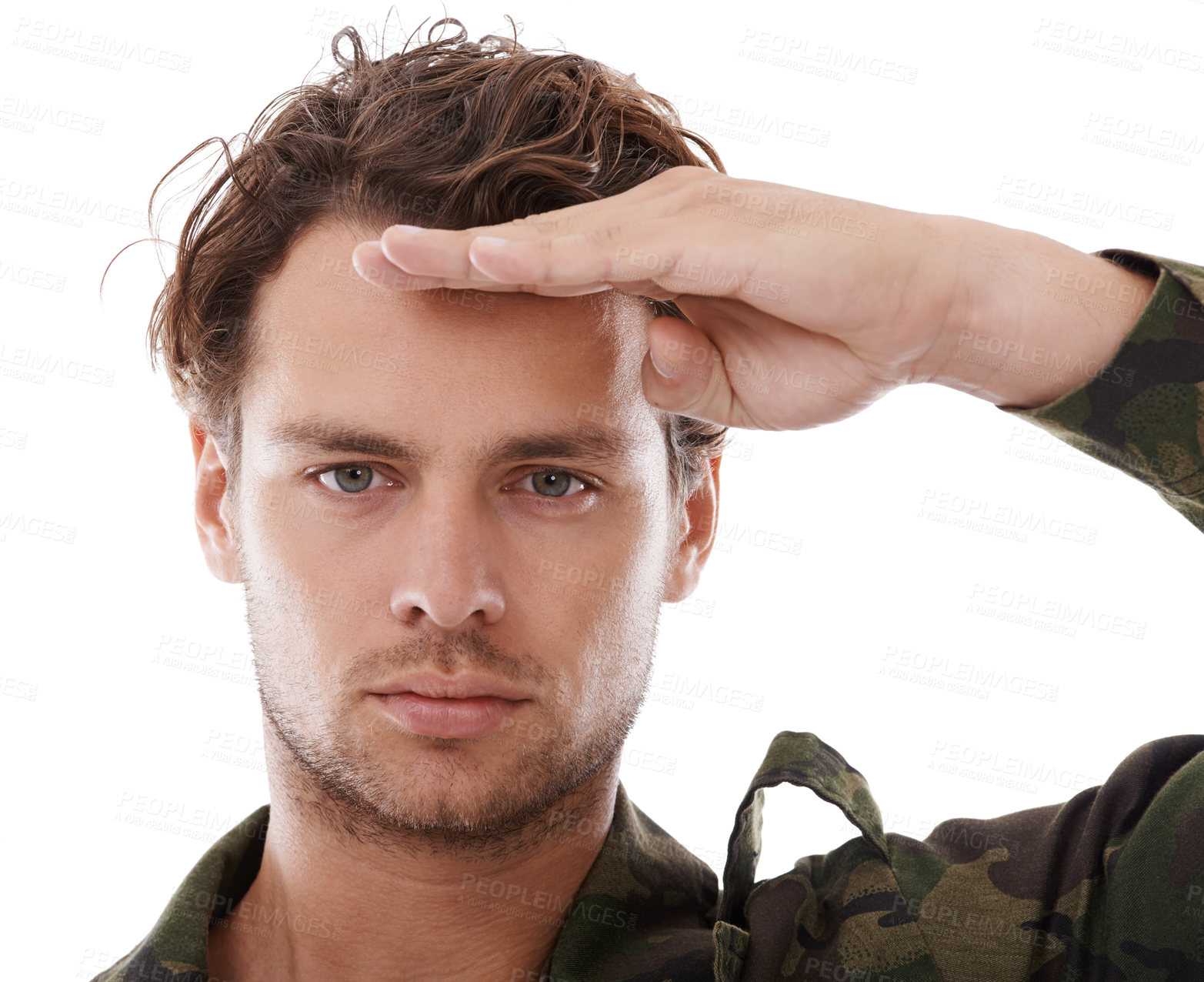 Buy stock photo Military, army and salute with portrait of man in studio for war, conflict and patriotism. Warrior, surveillance and security with person on white background for soldier, battlefield and veteran