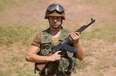 Buy stock photo Military, gun and training with portrait of man in nature for war, conflict and patriotism. Army, surveillance and security with person and rifle gear in outdoors for soldier, battlefield and veteran