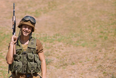 Buy stock photo Military, mockup and gun with portrait of man in nature for war, conflict and patriotism. Army, surveillance and security with person and rifle training for soldier, battlefield and veteran space