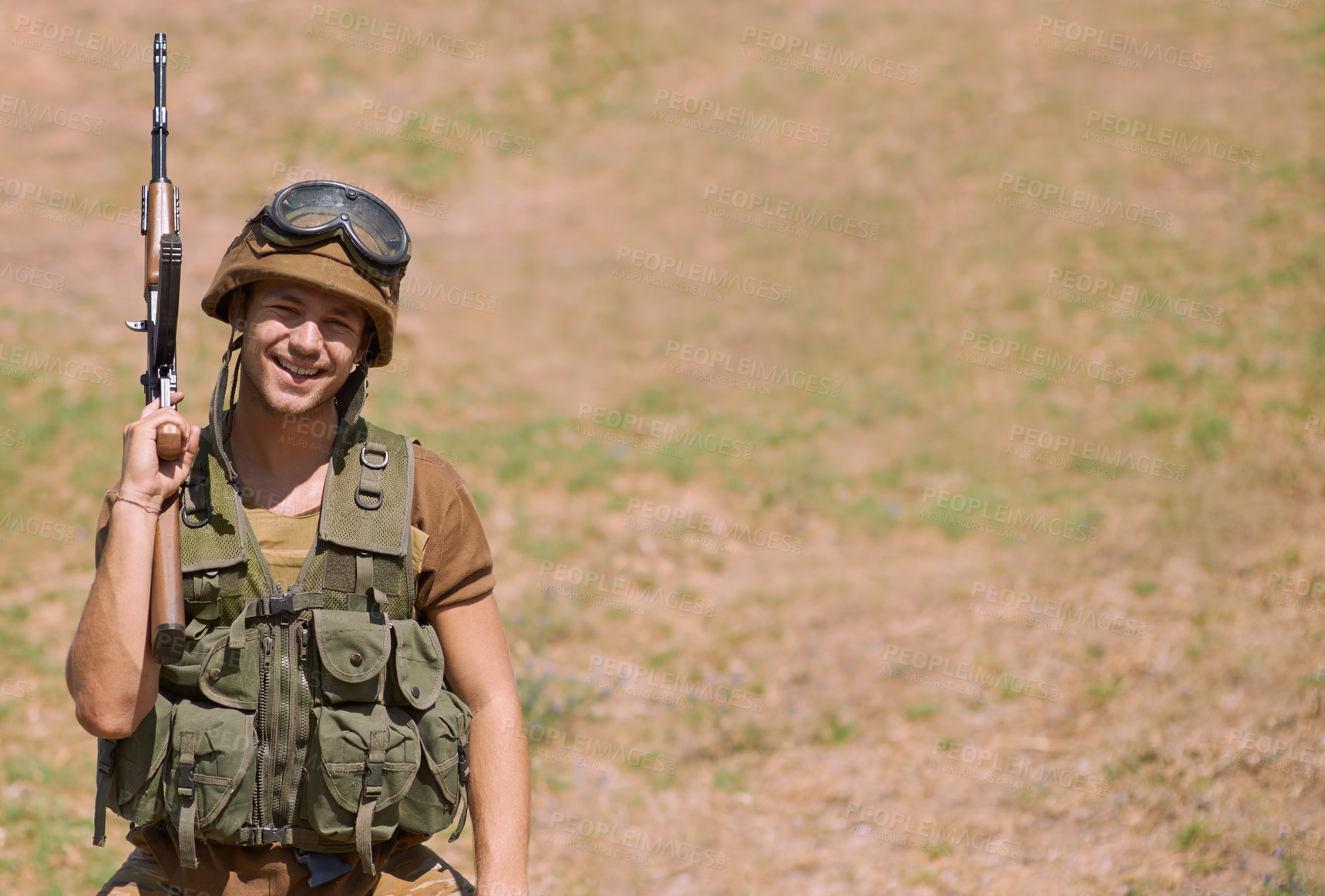 Buy stock photo Military, mockup and gun with portrait of man in nature for war, conflict and patriotism. Army, surveillance and security with person and rifle training for soldier, battlefield and veteran space