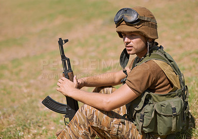 Buy stock photo Military, thinking and man with gun in nature for war, conflict and patriotism. Army warrior, surveillance and security with person relax on grass in outdoors for soldier, battlefield and veteran