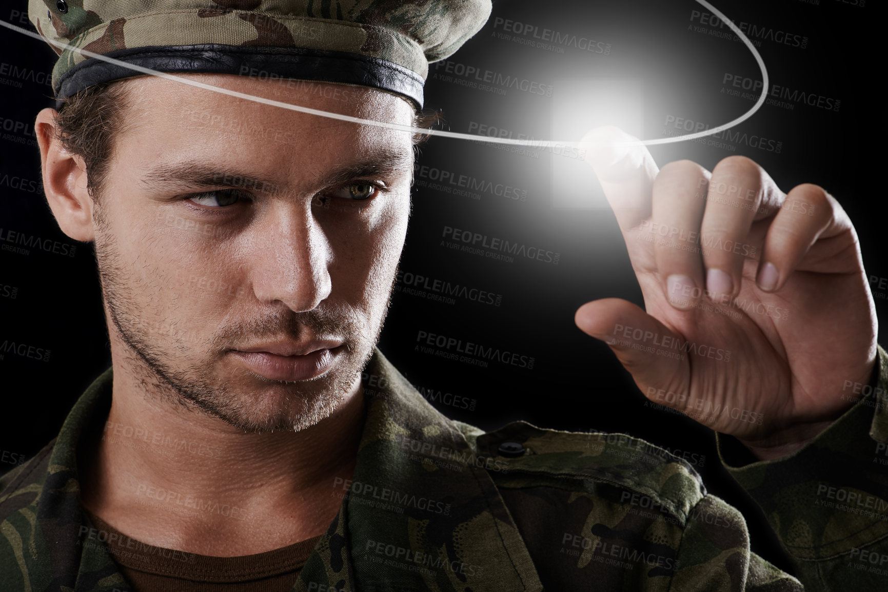 Buy stock photo Man, fingerprint and security with touchscreen for army surveillance and password on dark background. Biometric, cyber tech and software for safety or soldier identity for military access in studio