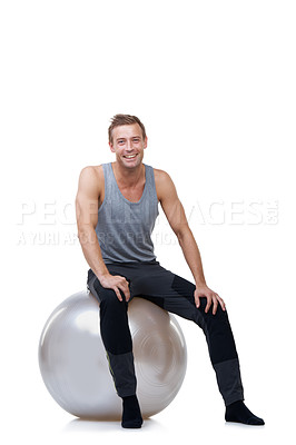 Buy stock photo Smile, fitness and medicine ball with portrait of man in studio for exercise, yoga and aerobics workout. Health, gym and pilates with person on white background for wellness, commitment and vitality