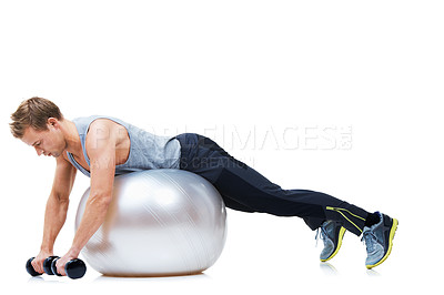 Buy stock photo Man, exercise ball or balance in studio for dumbbell workout performance, wellness or white background. Strong male athlete, training equipment or fitness for mockup space, body challenge or weights