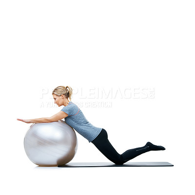 Buy stock photo Woman, ball or balance on a white background space for workout, wellness or mobility exercise on studio. Female athlete, training equipment or fitness for mockup, stretching arms or body flexibility