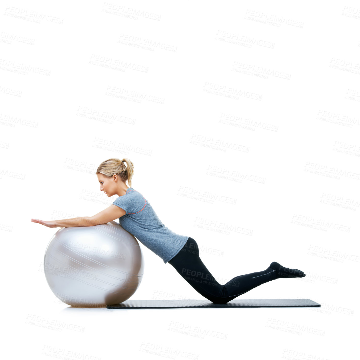 Buy stock photo Woman, ball or balance on a white background space for workout, wellness or mobility exercise on studio. Female athlete, training equipment or fitness for mockup, stretching arms or body flexibility