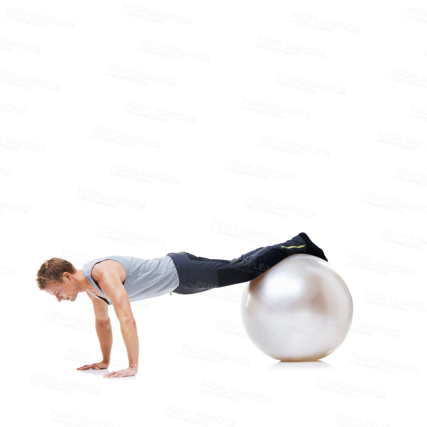 Buy stock photo Man, fitness and exercise ball for workout, balance or health and wellness against a white studio background. Active male person or athlete on round object for training or pilates on mockup space