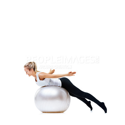 Buy stock photo Happy woman, fitness and exercise ball for balance training, workout or health and wellness on a white studio background. Active female person or athlete on round object for pilates on mockup space
