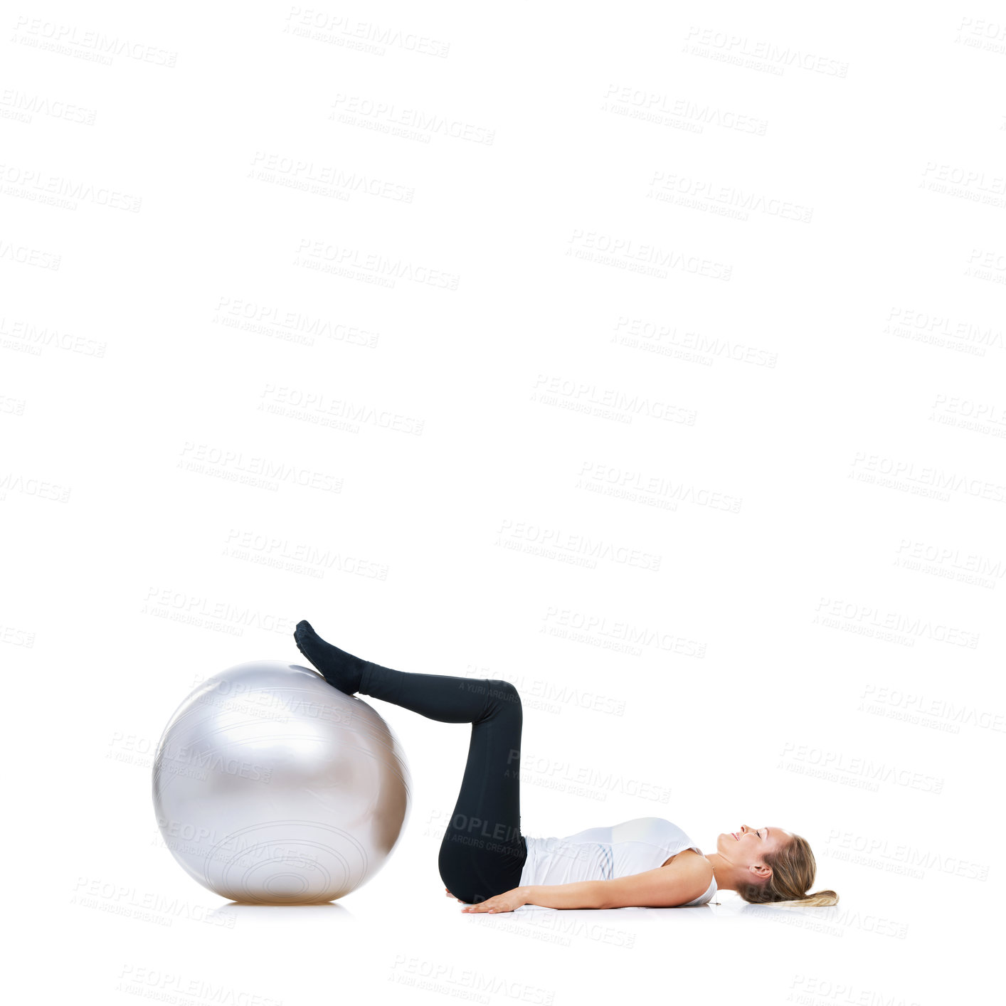 Buy stock photo Legs on ball, woman or balance in studio mockup for workout, wellness or exercise on white background. Athlete, training equipment or fitness for core challenge, body mobility or flexibility space 