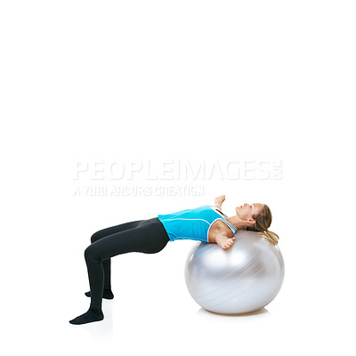 Buy stock photo Woman, body and stretching on exercise ball for workout, health and wellness on a white studio background. Female person or athlete with round object for fitness, training or pilates on mockup space