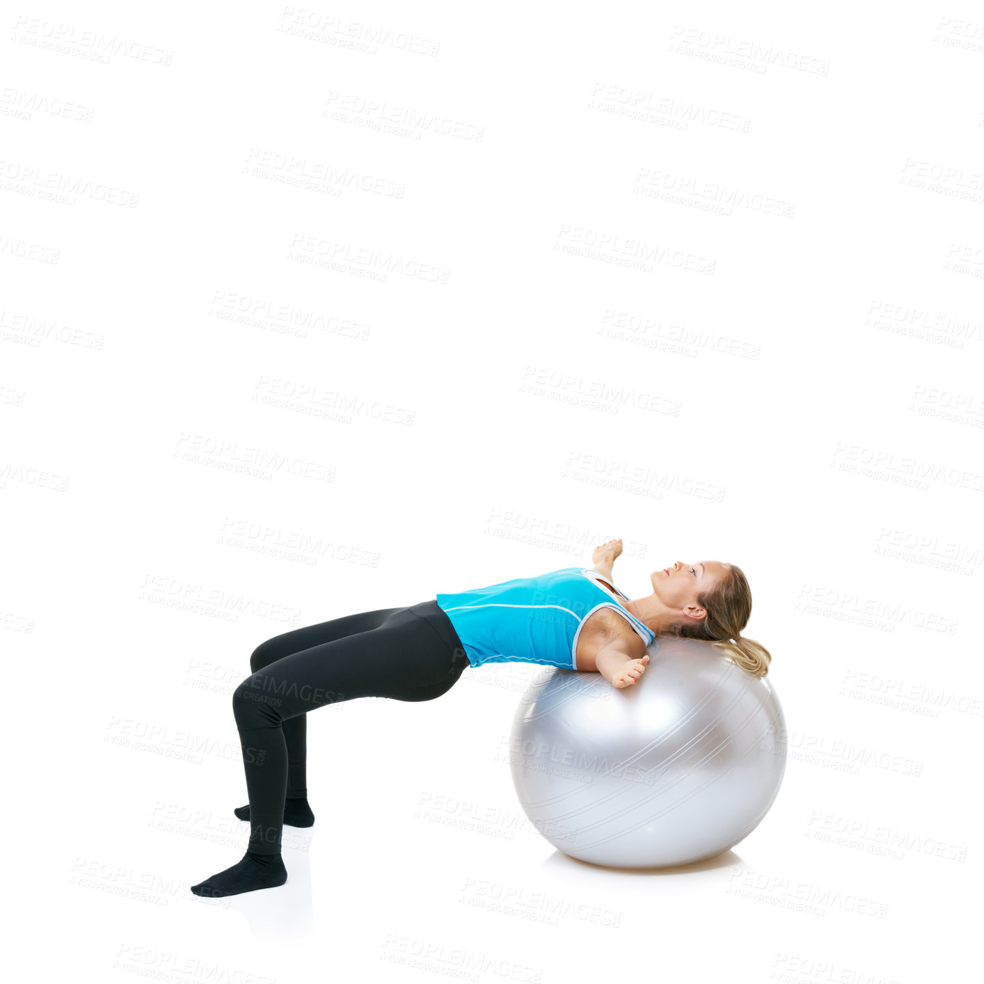 Buy stock photo Woman, body and stretching on exercise ball for workout, health and wellness on a white studio background. Female person or athlete with round object for fitness, training or pilates on mockup space