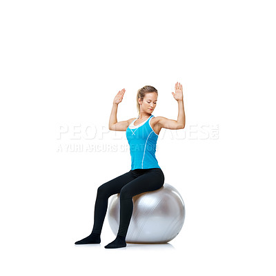 Buy stock photo Woman, ball or body balance on a white background space for workout, wellness or mobility exercise. Female athlete training, hands up or fitness for mockup, back posture or flexibility in studio