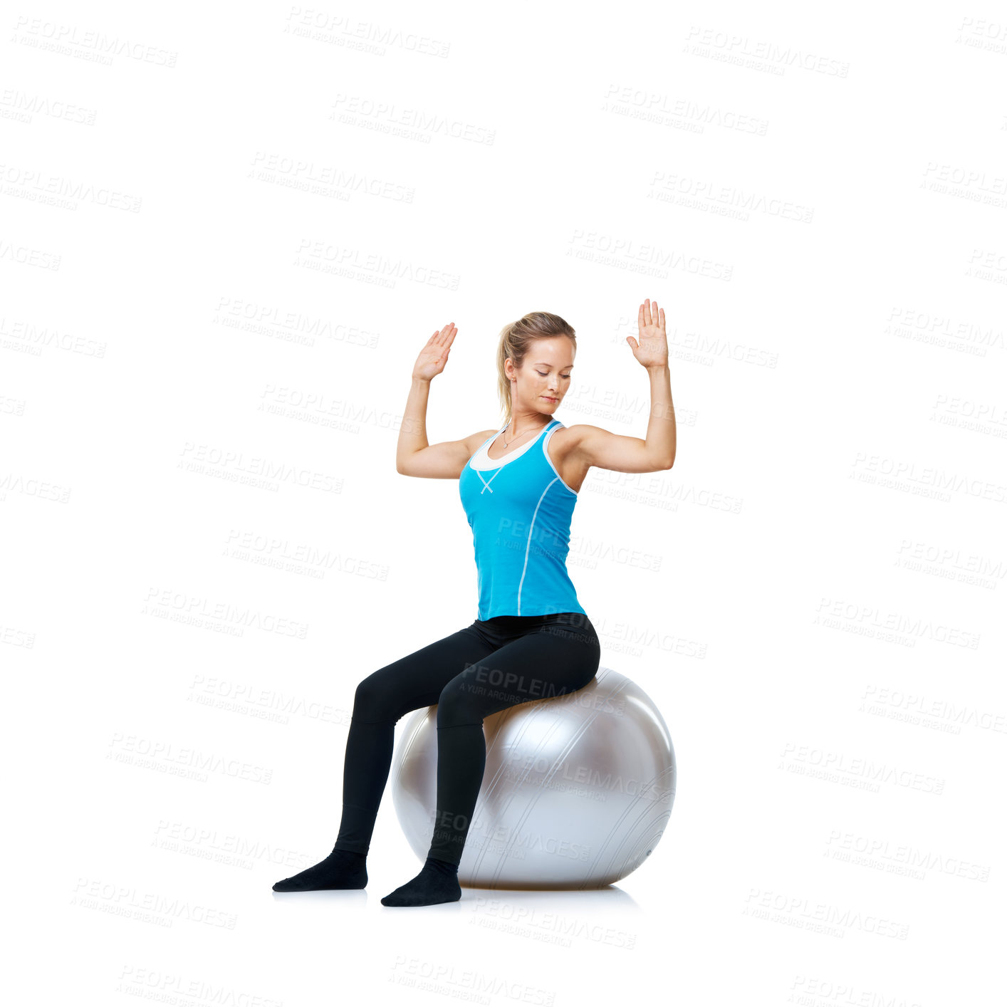 Buy stock photo Woman, ball or body balance on a white background space for workout, wellness or mobility exercise. Female athlete training, hands up or fitness for mockup, back posture or flexibility in studio