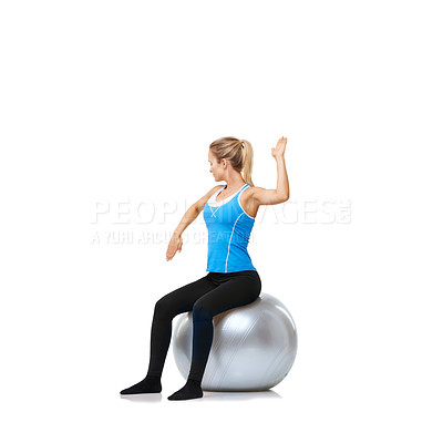 Buy stock photo Woman, arms or ball balance on a white background space for workout, wellness or mobility exercise. Female athlete training, hands or fitness pose for mockup, body posture or flexibility in studio 