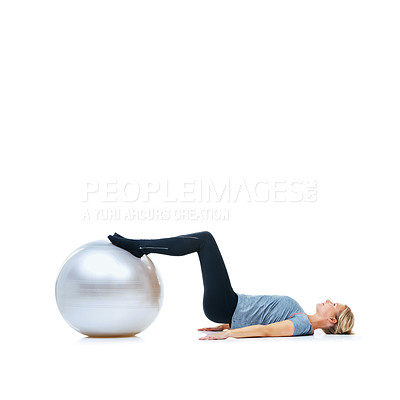 Buy stock photo Woman, fitness and exercise ball for training, workout or health and wellness against a white studio background. Active female person or athlete on round object, gym floor or pilates on mockup space