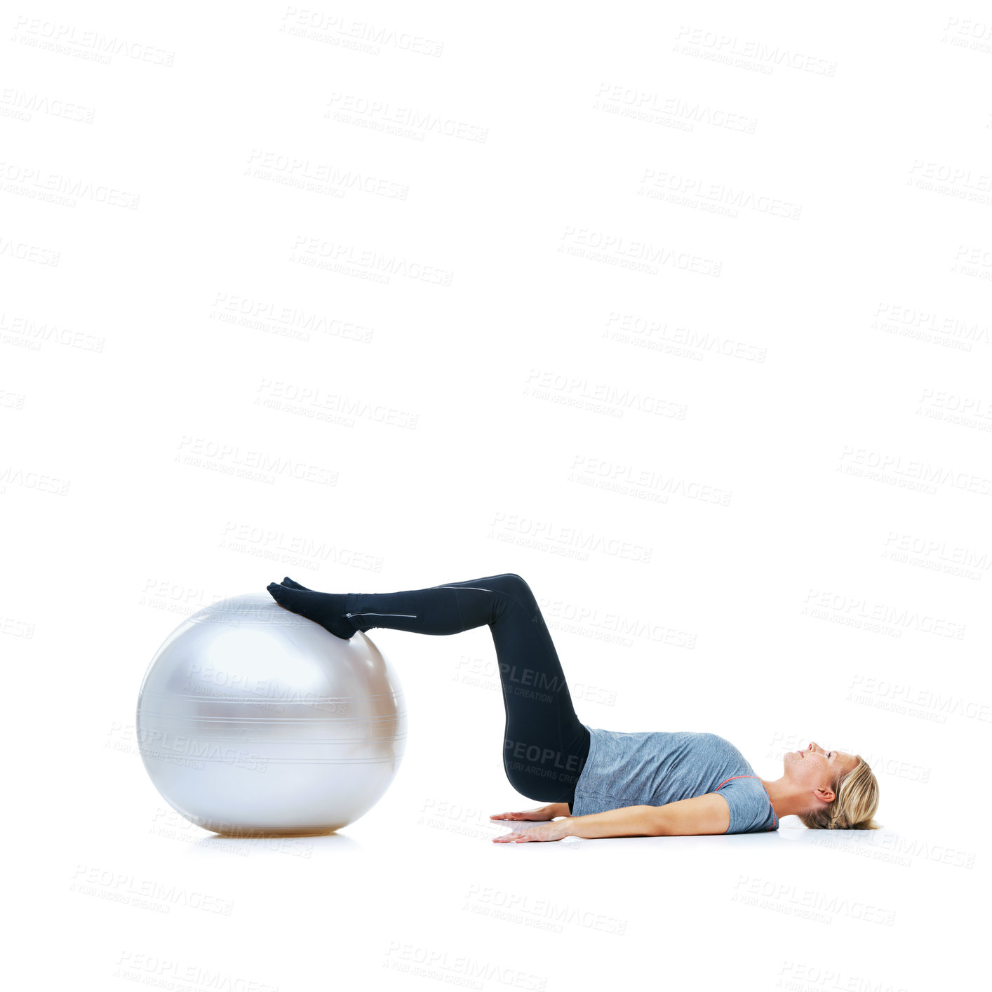 Buy stock photo Woman, fitness and exercise ball for training, workout or health and wellness against a white studio background. Active female person or athlete on round object, gym floor or pilates on mockup space