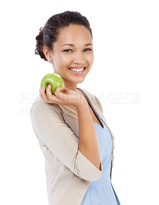 Buy stock photo Portrait, apple and young woman in studio with healthy food choice, Vitamin C and nutrition benefits. Face of person or model with green fruit for detox, self care or vegan diet on a white background
