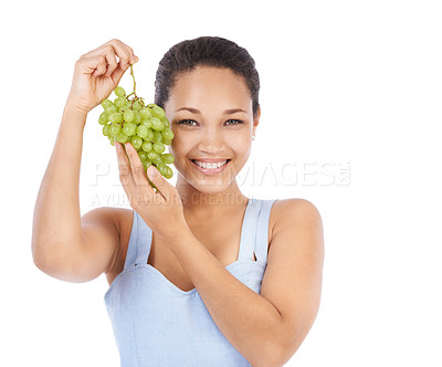 Buy stock photo Happy, portrait or woman with grapes in studio for wellness, nutrition or detox on white background. Face, smile or female nutritionist with fruit for healthy eating, diet or cleanse with sweet snack