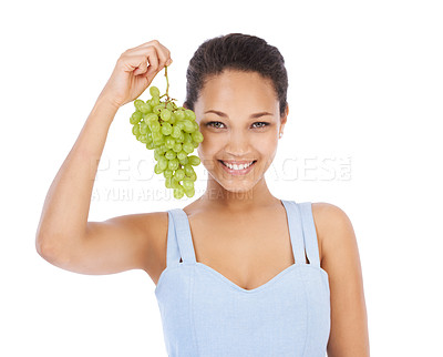 Buy stock photo Smile, portrait or woman with grapes in studio for wellness, nutrition or detox on white background. Face, happy or female nutritionist with fruit for healthy eating, diet or cleanse with sweet snack