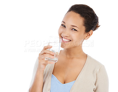 Buy stock photo Portrait, happy woman and drinking water in studio for healthy nutrition, diet and detox on white background. Thirsty model with refreshing glass of liquid, aqua and benefits of hydration with mockup