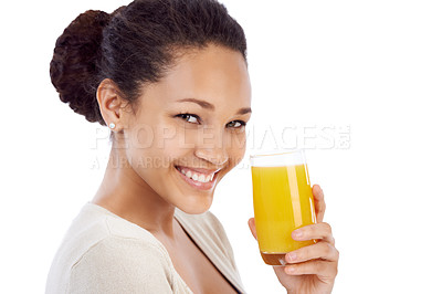 Buy stock photo Smile, portrait or woman with orange juice in studio for wellness, nutrition or detox on white background. Face, happy or female nutritionist with glass of vitamin C, supplement or health fruit drink