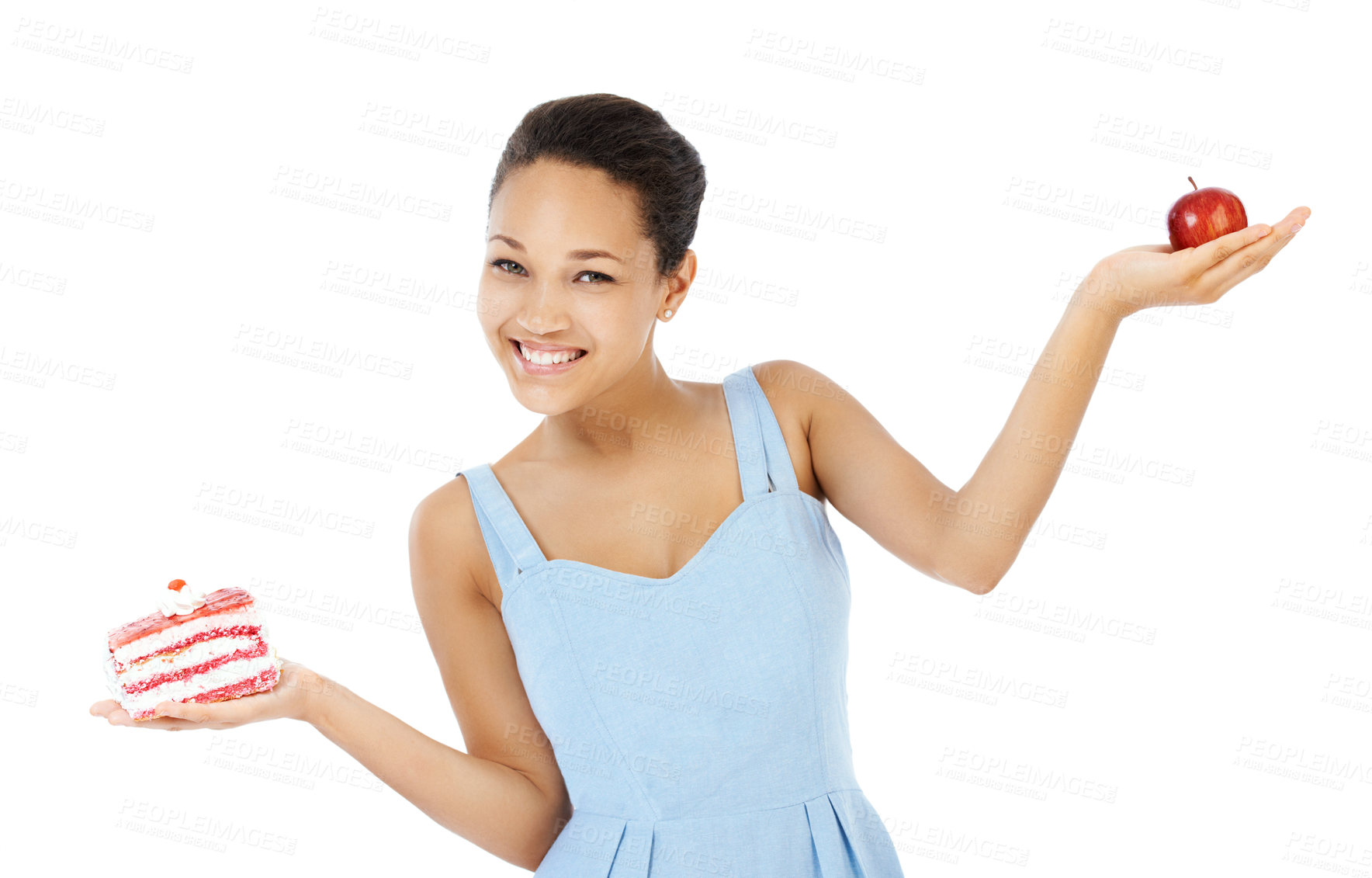 Buy stock photo Happy woman, apple and cake for healthy food choice, balance and diet decision in studio. Portrait of young person or model and red fruit versus cream dessert in palm for health on a white background