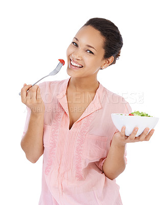 Buy stock photo Diet, salad and woman in portrait eating healthy food, detox lunch or breakfast on a white background. Happy, African person or model with tomato, vegetables and green lettuce or vegan meal in studio