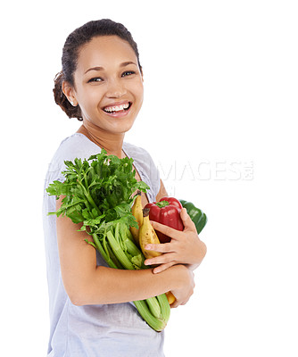 Buy stock photo Vegetables, grocery shopping and happy woman in studio for healthy food, sustainability or diet. Portrait of vegan customer or model with fruits for discount, sale or nutrition on a white background