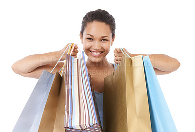 Buy stock photo Happy woman, portrait and shopping bag for discount, sale and retail giveaway in commerce on a white background. Fashion winner, customer or excited african person with gift or winning deal in studio