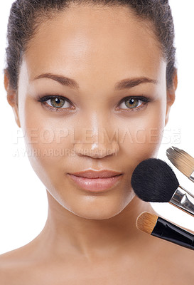 Buy stock photo Cosmetics, brushes and portrait of woman or model in studio for beauty, foundation and makeup. Closeup, face and young artist or person skincare, application tools and product on a white background