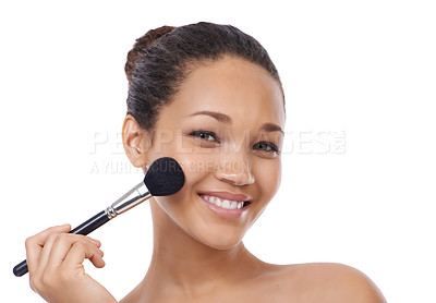 Buy stock photo Happy woman, portrait and face with makeup brush for beauty cosmetics, blush or skincare on a white studio background. Female person or model smile for facial treatment or foundation on mockup space