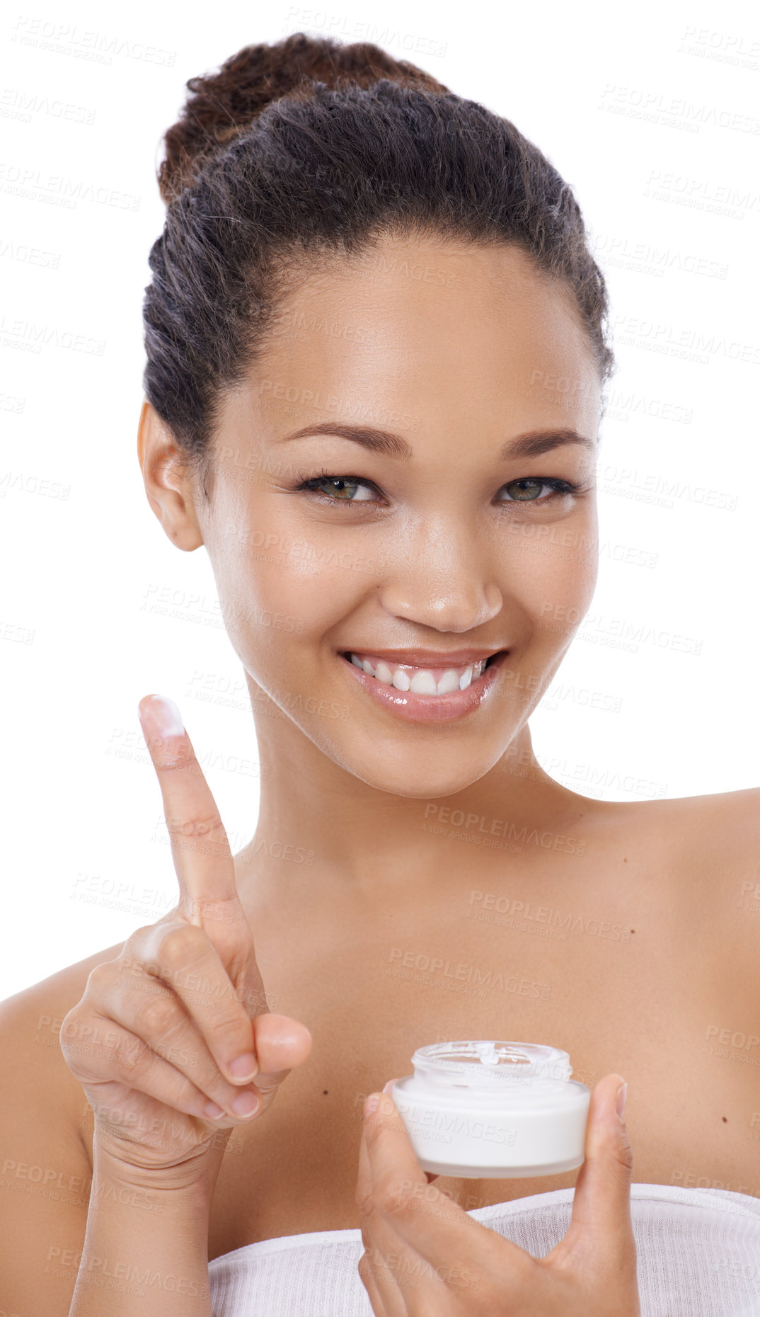 Buy stock photo Happy woman, portrait and cream for skincare, beauty or facial treatment against a white studio background. Face of female person or model smile with sunscreen creme, skin product or spa cosmetics