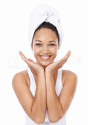 Buy stock photo Happy woman, portrait and beauty in spa, skincare or facial treatment against a white studio background. Face of female person or model smile in relax for hygiene, cosmetology or dermatology in salon