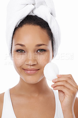 Buy stock photo Woman, portrait and cotton pad for skincare, beauty or cosmetics product with dermatology results in studio. Face of African person or model with hygiene wipe for facial makeup on a white background