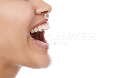 Buy stock photo Person, teeth and mouth for dental care, hygiene or treatment against a white studio background. Closeup of woman or model smile in satisfaction for oral, gum and tooth whitening on mockup space