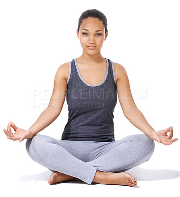 Buy stock photo Yoga, meditation and portrait of woman in studio for zen fitness, holistic exercise and mindfulness or peace. African person on floor with lotus hands for wellness mental health on a white background