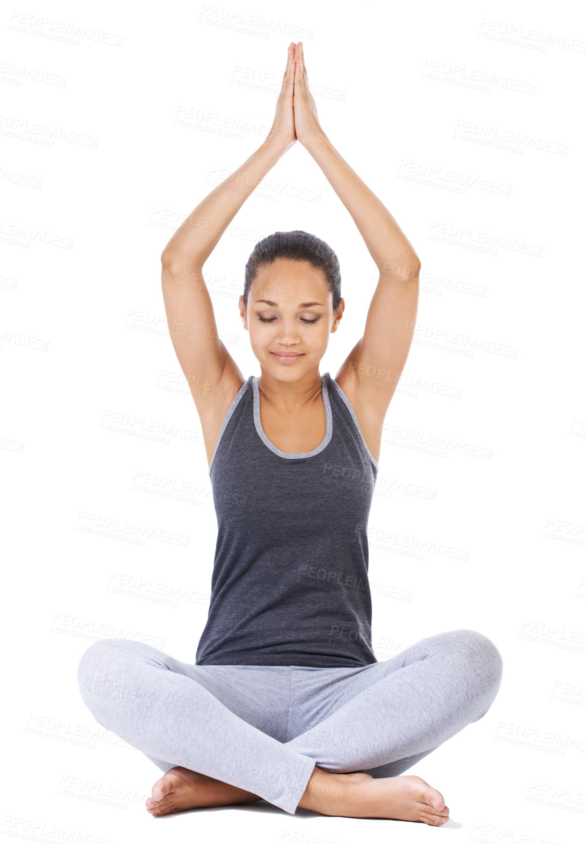 Buy stock photo Woman, meditation and prayer hands in studio for mindfulness, yoga and holistic workout or mental health wellness. Young person with namaste for peace, zen exercise and balance on a white background